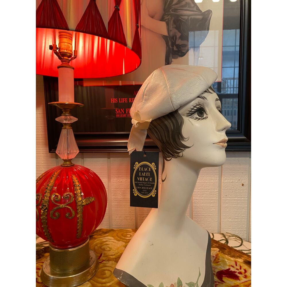 vintage 1960s white leather beret 60s mod hat retro millinery
